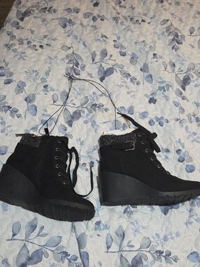 torrid Black Lace-Up Wedge Ankle Boots with Buckle